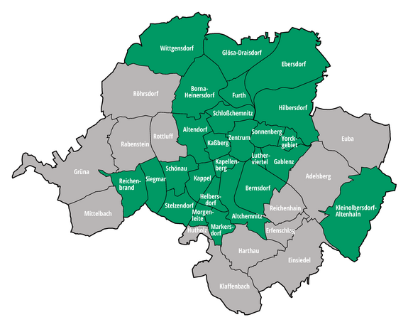 Karte, in der Stadtteile in Chemnitz mit Mitgliedergruppe/n der Volkssolidarität grün gekennzeichnet sind.